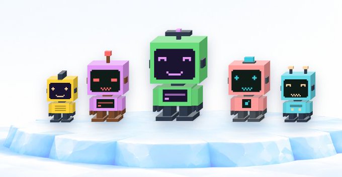 Whimsical 3D-rendered illustration of five colorful pixel-art style robots (yellow, purple, green, pink, and blue) lined up on an icy snow platform.