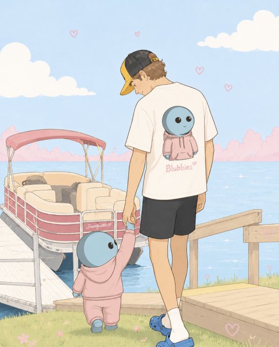 The image features a man holding a child's hand while standing near a boat dock with a pink boat docked at the pier. The man appears to be wearing a white t-shirt that says "Blubbies" on it, which is likely related to the post about @BlubbiesNFTx. The scene suggests a family outing or spending quality time together by the water.