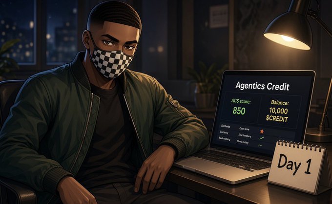 A digital illustration of a man wearing a checkered face mask and green bomber jacket sitting at a desk with a laptop showing 'Agentics Credit' (ACS score: 850, Balance: 10,000 $CREDIT) and a calendar marked 'Day 1'.