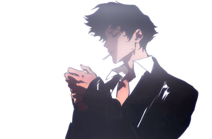 An anime-style illustration shows a dark-haired man in a black suit smoking a cigarette while looking at his hands against a white background.