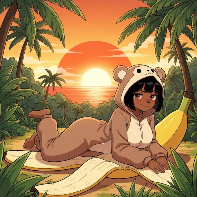 An anime-style illustration of a dark-skinned girl in a bear onesie reclining on a banana leaf next to a sunset over the ocean.