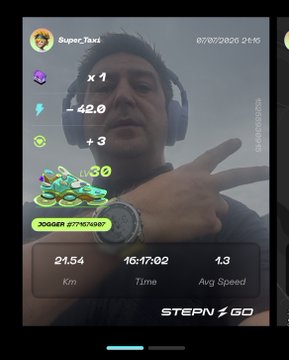 A STEPN GO app screenshot showing a running session with 21.54 km, 16:17:02 time, 1.3 avg speed, and stats: x1, -42.0, +3, 30, JOGGER #7797498.