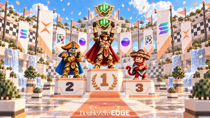 Three pixelated characters stand on a victory podium numbered 1, 2, and 3, with the gold-medal champion triumphantly hoisting a green-glowing trophy in front of a grand arena adorned with checkered flags and Solana logos, celebrating the top trader @aut3z who claimed first place with a battle score of 8,255 in the automated trading competition on PhoenixTrade. The "DoubleZero EDGE" branding is displayed at the bottom, tying the victorious scene to the platform's shred data-driven trading battleground.