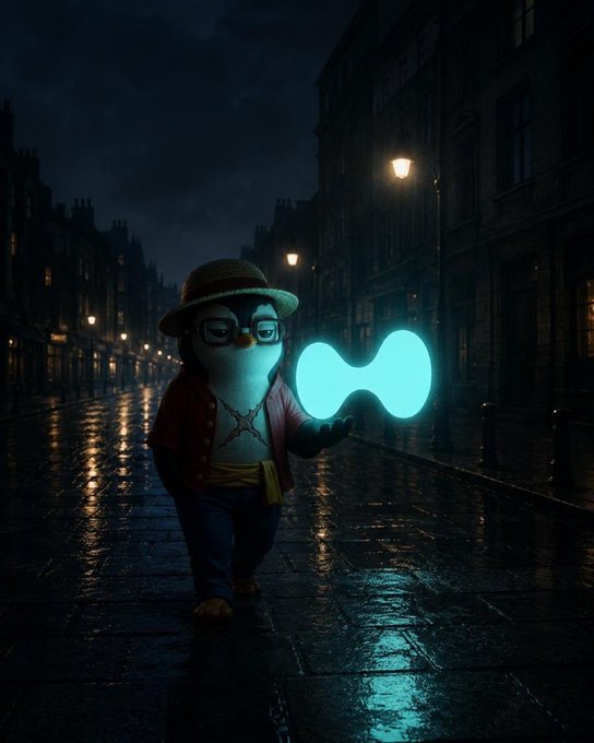 A small anthropomorphic penguin wearing a straw hat and red jacket stands on a rain-soaked cobblestone street at night, holding up a glowing cyan infinity-like symbol. The penguin's pose evokes the "we buy" meme, humorously framing Hyperliquid as the prized asset being presented.