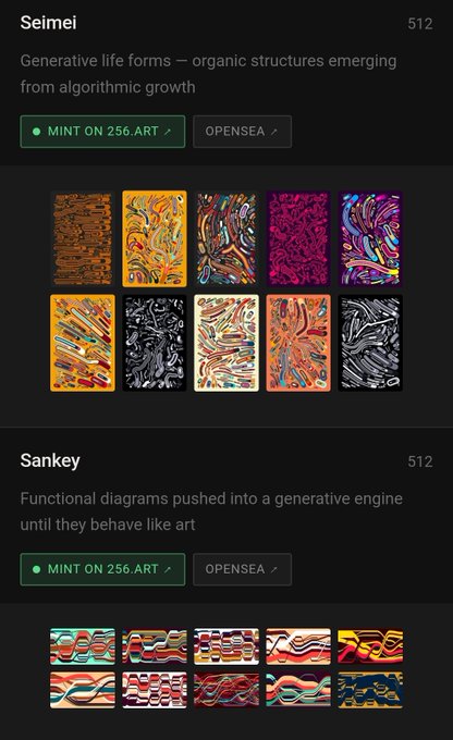A digital art marketplace interface displaying two NFT collections: 'Seimei' (512) described as 'Generative life forms — organic structures emerging from algorithmic growth' and 'Sankey' (512) described as 'Functional diagrams pushed into a generative engine until they behave like art', both with 'MINT ON Z56.ART' and 'OPENSEA' buttons.
