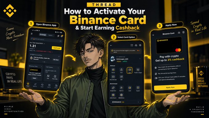 A Binance infographic thread titled 'How to Activate Your Binance Card & Start Earning Cashback' showing three steps: Open Binance App, Select Card Option, Apply Now, featuring 3% cashback promotions and slogans like 'Spend Crypto More Freedom,' 'CRYPTO PAYS IN REAL LIFE,' 'GOOD IDEAS HIGHER RETURNS,' and 'BUILD A BRIGHTER TOMORROW.'
