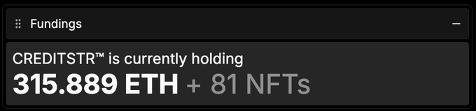 A "Fundings" widget displays that CREDITSTR™ is currently holding **315.889 ETH + 81 NFTs**, which corresponds to the post's mention of "$CREDITSTR" banking ETH to purchase "Credits" NFTs by @jackbutcher.
