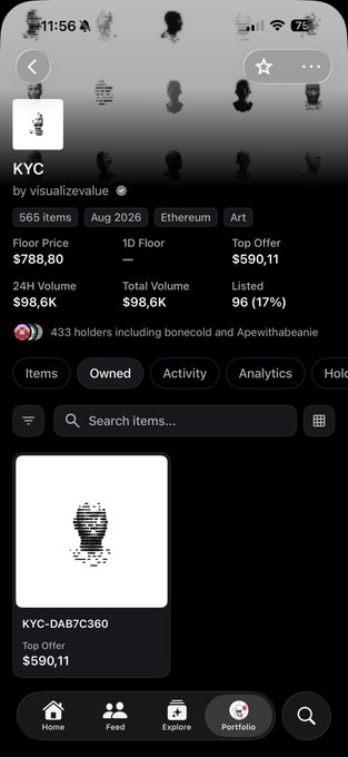 A mobile screenshot of an NFT collection called 'KYC' by visualizevalue, showing 565 items, a floor price of $788.80, 24H volume of $98,6K, and a top offer of $590,11 on item KYC-DAB7C360.