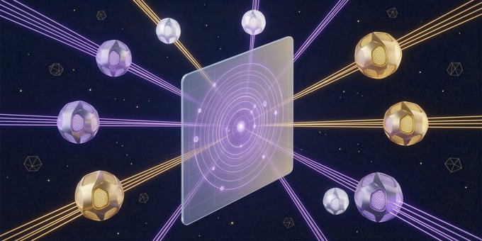 An abstract digital illustration showing purple and gold orb-like nodes connected by glowing lines to a central translucent square on a dark starry background.
