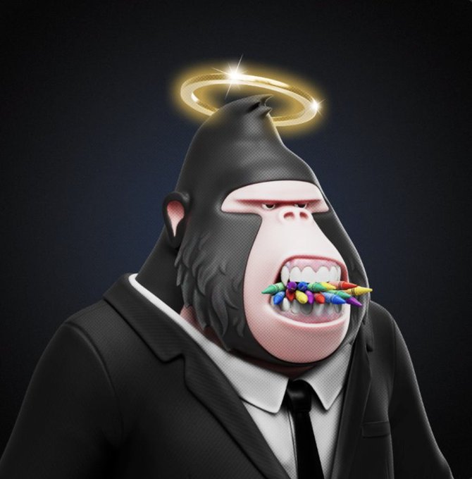 A stylized 3D-rendered gorilla wearing a black suit and a glowing golden halo holds a colorful mouthful of NFT-style crayon traits, visually capturing the post's praise for Degen Ape Academy's distinctive, nostalgic artwork and unique character designs within the broader NFT collection landscape.