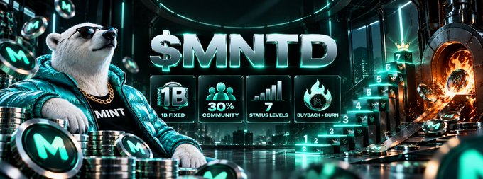 A promotional graphic for '$MNTD' featuring a polar bear in a green jacket alongside crypto metrics and a furnace.