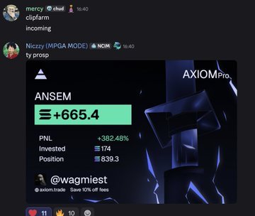 The image shows a screenshot from Axiom Pro displaying a trading position for the memecoin $ANSEM with a +665.4 (likely percentage) gain, showing PNL up +382.48% on an investment of 174, with the @wagmiest account tagged as the top trader saving 10% off fees. The context of the post—claiming 4 of the top 5 $ANSEM traders are on Axiom Pro—aligns with this screenshot showcasing a highly profitable position on that platform, likely highlighting $wagmiest as one of those top traders referenced.
