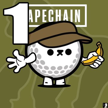 A cartoon golf ball mascot character wearing a brown visor cap, holding a banana, with "APECHAIN" text in the background and a large number "1" on the left side.