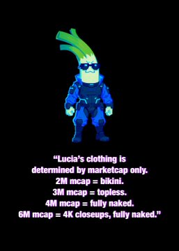 A pixel art character with sunglasses and a green leaf hat, with text: 'Lucia's clothing is determined by marketcap only. 2M mcap = bikini. 3M mcap = topless. 4M mcap = fully naked. 6M mcap = 4K closeups, fully naked.'