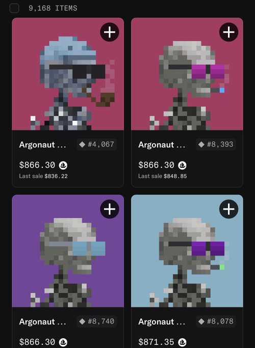 A digital marketplace displays four pixel-art "Argonaut" NFT listings, each priced between $866.30 and $871.35 with last sale prices ranging from $836.22 to $848.85, suggesting strong recent demand that aligns with the post's note about an 18% price surge to 0.35 ETH.