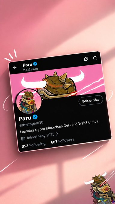 A social media profile screenshot for 'Paru' (@metaparu18) with bio text 'Learning crypto blockchain DeFi and Web3 Curios,' showing 2,732 posts, 352 Following, and 607 Followers, featuring a cartoon warrior character.