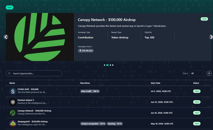 A cryptocurrency airdrop tracking website listing opportunities, with the 'Canopy Network - $100,000 Airdrop' featured prominently at the top.