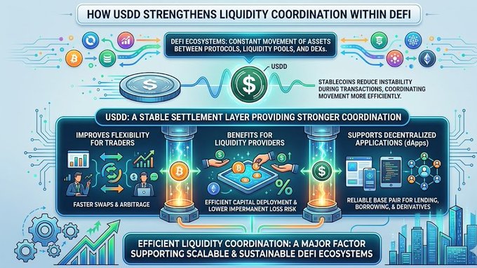The image shows a detailed infographic explaining how USDD currency management works within DeFi (decentralized finance) ecosystems, focusing on the concept of stabilitycoins that help coordinate the movement of assets between different protocols, exchanges, and pools more efficiently than traditional fiat currency. The illustration includes columns representing stabilitycoins and various transactions happening between them, demonstrating the benefits and impact of using stablecoins in these decentralized systems.
