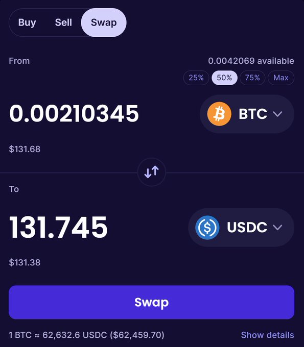 A screenshot of a cryptocurrency swap interface showing the exchange of 0.00210345 BTC ($131.68) to 131.745 USDC ($131.38), with the rate '1 BTC ≈ 62,632.6 USDC ($62,459.70)' visible at the bottom.