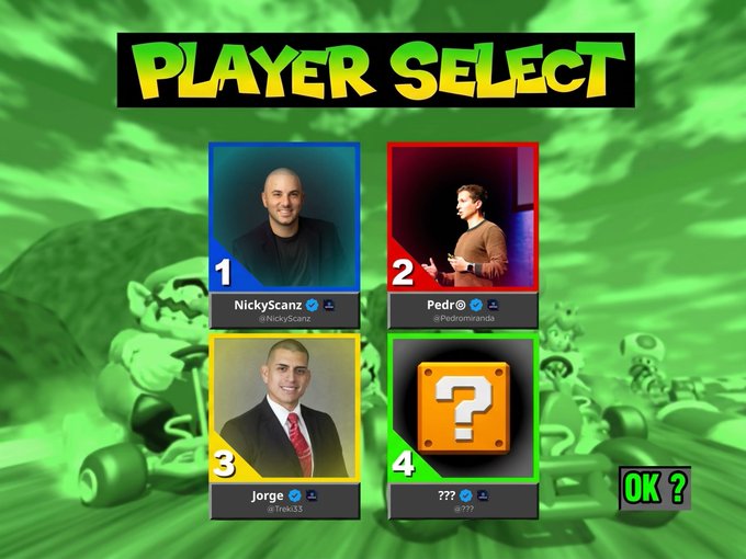 A "Player Select" screen styled like a Mario Kart character selection shows four slots with members NickyScanz (@NickyScanz), Pedro (@Pedroinvanda), Jorge (@Treks33), and an empty slot with a question mark (@???), set against a green racing background. The graphic aligns with the post about building the Superteam Gaming roster and teasing who to recruit next.