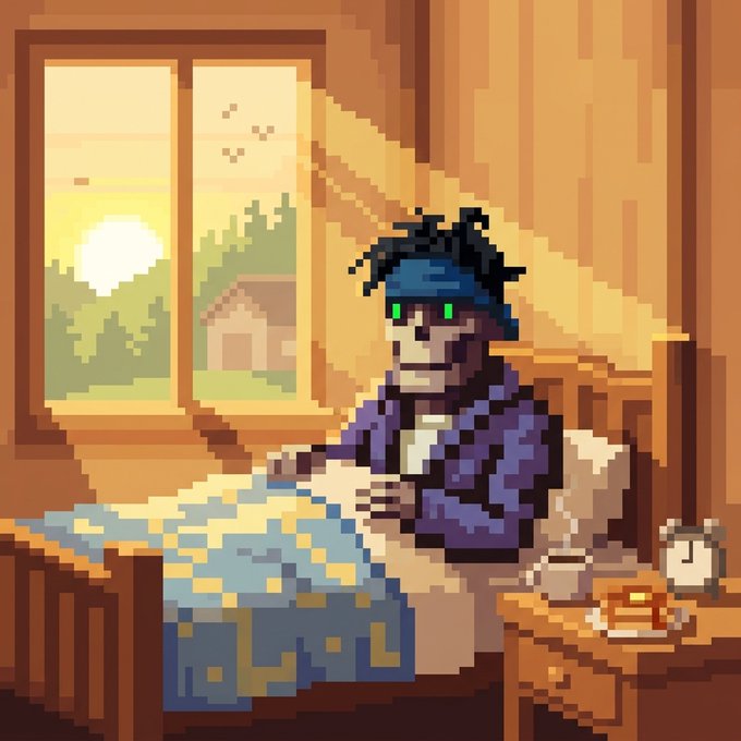 A pixel art illustration of a person with dark hair and green eyes wearing a purple robe, sitting in bed with a blue blanket while sunlight streams through a window.