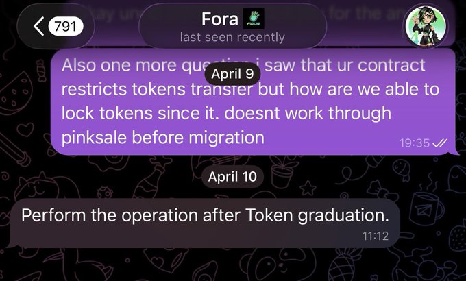 The image shows a text message conversation between two people discussing the process of token migration for a meme account. The message includes details about supply locking, which ensures transparency and long-term trust among users. The conversation also touches upon the availability of supply locking in the meme account's four.meme team.