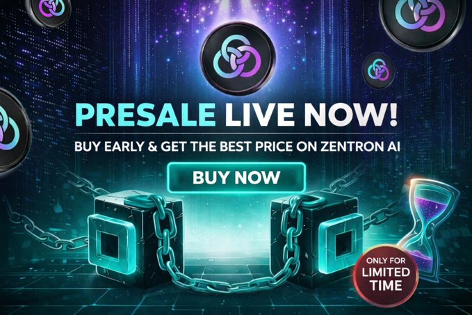 A promotional graphic reading 'PRESALE LIVE NOW! BUY EARLY & GET THE BEST PRICE ON ZENTRON AI' with a 'BUY NOW' button, an hourglass, and chained glowing cubes.