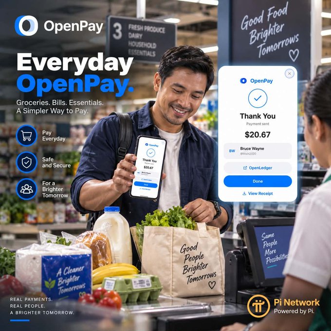 A man in a grocery store smiles while using the OpenPay app on his phone to complete a $20.67 payment to Bruce Wayne, with an enlarged confirmation screen showing "Payment sent" and a "Done" button displayed alongside fresh produce and reusable shopping bags branded "Good People Brighter Tomorrows." The ad, powered by Pi Network (π), highlights OpenPay's tagline "Everyday OpenPay—Groceries. Bills. Essentials. A Simpler Way to Pay," emphasizing its use for everyday transactions.