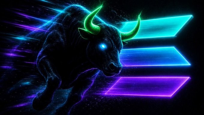 A neon-lit bull with glowing green horns and a piercing blue eye charges forward against a backdrop of vibrant blue and purple light streaks, symbolizing the bullish crypto market momentum referenced in the giveaway post. There is no visible text, ticker, or numbers in the image itself, but the imagery aligns with the promotional contest for the crypto influencer @ansem.
