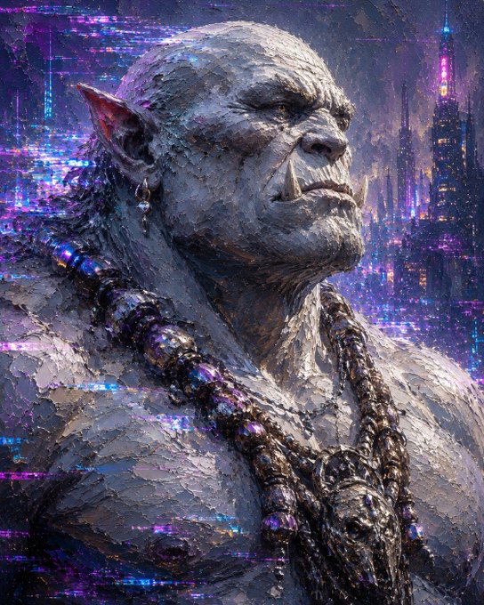 A pale, scarred orc-like figure with pointed ears and a beaded necklace, set against a cyberpunk city backdrop with neon pink and purple lights.