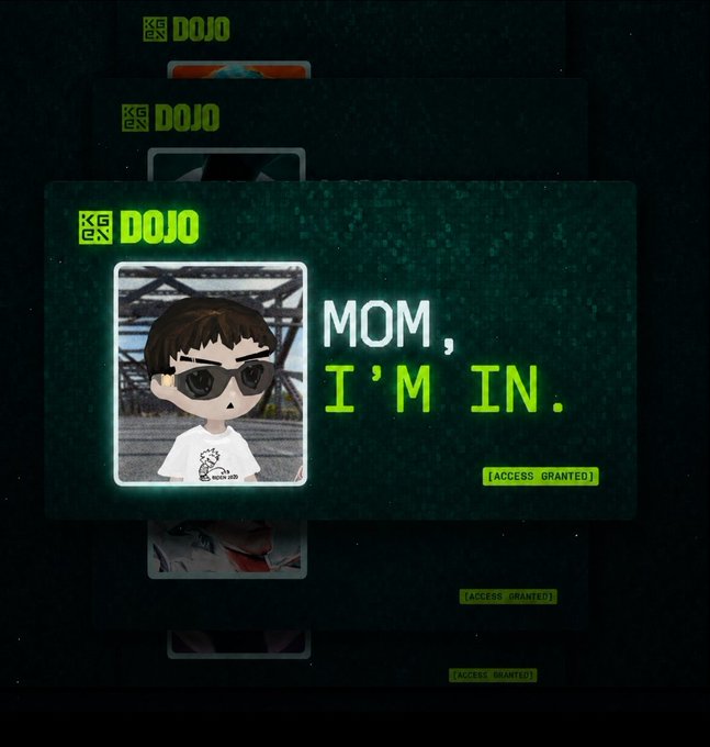 A 'Keplr Dojo' promotional graphic showing an avatar of a person with sunglasses on the left and the text 'MOM, I'M IN.' with an '[ACCESS GRANTED]' label on the right.