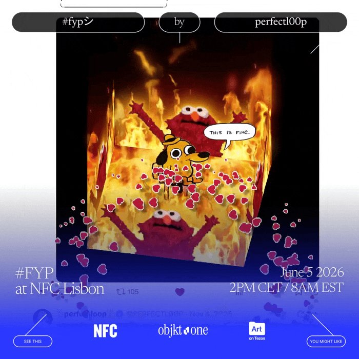 The image features a poster with two cartoon characters, one of which appears to be a dog. The other character has a speech bubble that says "This is fine", accompanied by a heart symbol. The background of the poster shows a fire, adding an element of danger or excitement to the scene. The post includes text about an exhibition at the NYC Lisbon office on June 5th, 2016, and it also mentions that the image was taken during the #Fyp100p event.