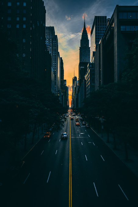 The image shows a city street at sunset with tall buildings lining both sides of the road. The sky above has a beautiful orange hue as the sun sets behind the buildings. There are cars driving down the street, adding life to the scene. The photo is captioned "G Night Quackers" and "I'M AWAKE... But my curiosity is still online." This suggests that someone who took the picture might be interested in urban exploration or photography of cityscapes at dusk.