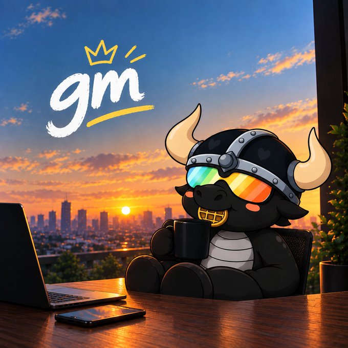 A digital illustration of a black cartoon bull wearing a horned helmet and rainbow sunglasses, sitting at a desk with a laptop and holding a mug, with 'gm' and a crown graphic, set against a sunset city skyline.