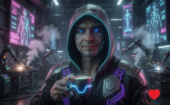 The image features a man wearing a hoodie, holding a cup of coffee, with a computer screen behind him displaying a robot arm. The background includes neon lights and robots, creating an industrial setting. The caption reads "GM Wall Street all time highs. Bitcoin ETFs record 10 day outflow streak. Jamie Dimon attacking the Clarity Act. Every headline is bearish. June is historically Bitcoin'S best month." This suggests that there might be a connection between the man's coffee and the recent market trends, possibly indicating a bullish sentiment towards Bitcoin or the crypto world in general.