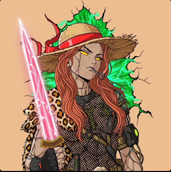 A digital illustration depicts a female warrior with long red hair, wearing a straw hat and leopard print, smoking a pipe and wielding a glowing pink energy sword against a cracked wall background with green energy.