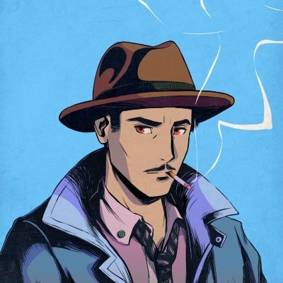 An anime-style illustration of a man wearing a brown fedora hat and a trench coat, with red eyes and a cigarette in his mouth, set against a blue background.
