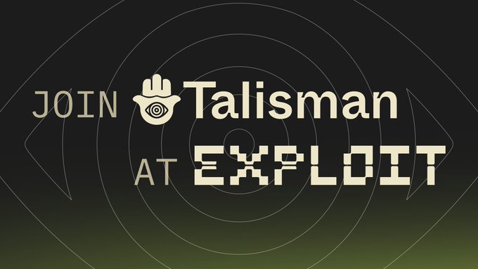 A dark banner with concentric eye designs reading 'JOIN Talisman AT EXPLOIT' in stylized cream text with a small hamsa/eye icon.