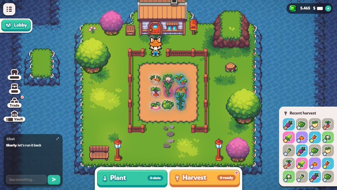 A pixel-art farming simulation game screenshot showing a garden plot with growing plants, a small house, and a character, featuring Lobby, Trade, and Vault buttons, plus Plant and Harvest options at the bottom.