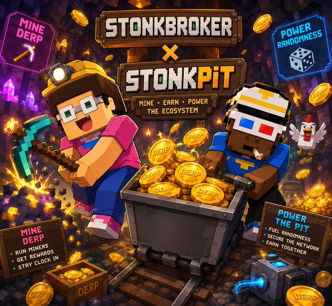 A vibrant promotional graphic for 'STONKBROKER x STONKPIT' with text including 'MINE • EARN • POWER THE ECOSYSTEM', 'MINE DERP', 'POWER RANDOMNESS', and 'POWER THE PIT', featuring cartoon characters mining DERP coins.