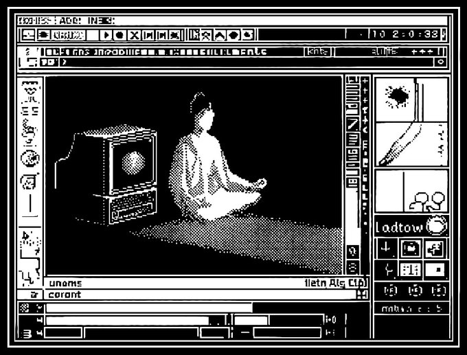 A black-and-white retro computer interface or pixel art style image depicting a person meditating cross-legged in front of an old computer monitor.