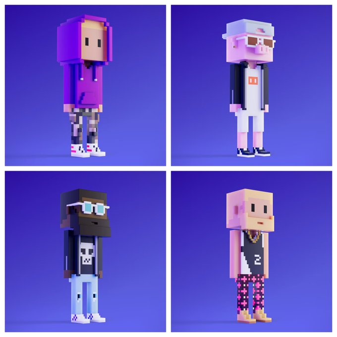 Four voxel/blocky 3D character models arranged in a grid on blue backgrounds, each featuring different outfits and styles including hoodies, sunglasses, and varied color schemes.