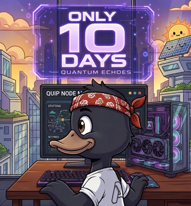 A cartoon duck character wearing a red bandana sits at a gaming PC setup, with a futuristic city skyline and text 'ONLY 10 DAYS - QUANTUM ECHOES' displayed above.