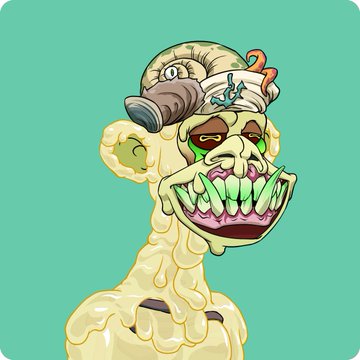 A cartoon illustration of a grotesque zombie-like character with a large grinning mouth, green skin, and various objects like a ram horn and fingers growing from its head.