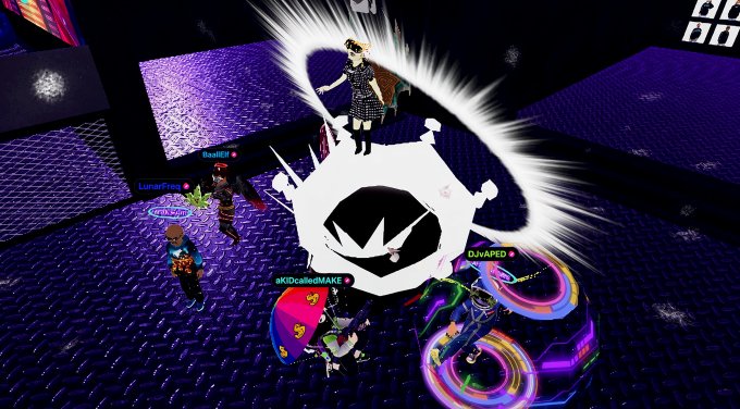 A screenshot from a virtual reality game showing multiple avatars gathered around a glowing white geometric shape on a purple textured platform.