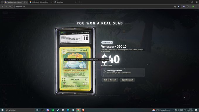 The image displays a screen showing "YOU WON A REAL $LAB" message from the Tangibles game platform, featuring a "Venusaur - CGC 10" Pokémon card with a $40 value for a 2023 Pokemon Japanese card. This relates to the post about earning $40 per day through play-to-earn gaming, showcasing an actual cash reward earned in the game.