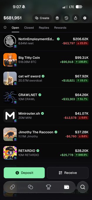 A mobile app screen displaying a cryptocurrency portfolio with a balance of $681,951 and various meme coin holdings like 'cat wif sword' and 'Big Titty Coin'.