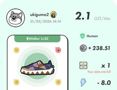 The image features a cell phone screen displaying various information, including a cartoon cat logo at the top left corner of the screen. Below this, there are several icons representing different aspects of the game or app being used. The main focus of the image is on the shoe icon and its corresponding score, which reads "2.1".