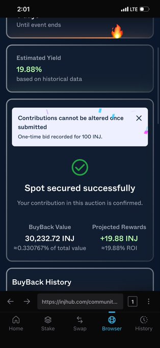 A mobile screenshot from injhub.com browser showing a successful 'Spot secured' auction with 19.88% estimated yield and BuyBack Value of 30,232.72 INJ.