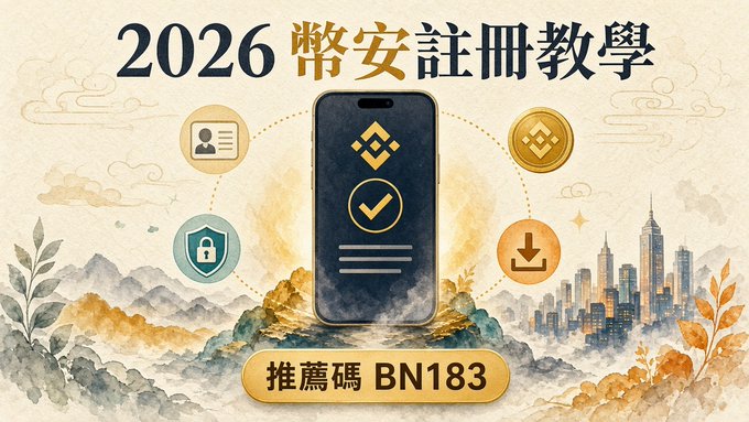 An illustrated graphic for "2026 幣安註冊教學" (2026 Binance Registration Tutorial) featuring a smartphone displaying the Binance logo and checkmark, surrounded by icons for security and download, with a recommended code "BN183."
